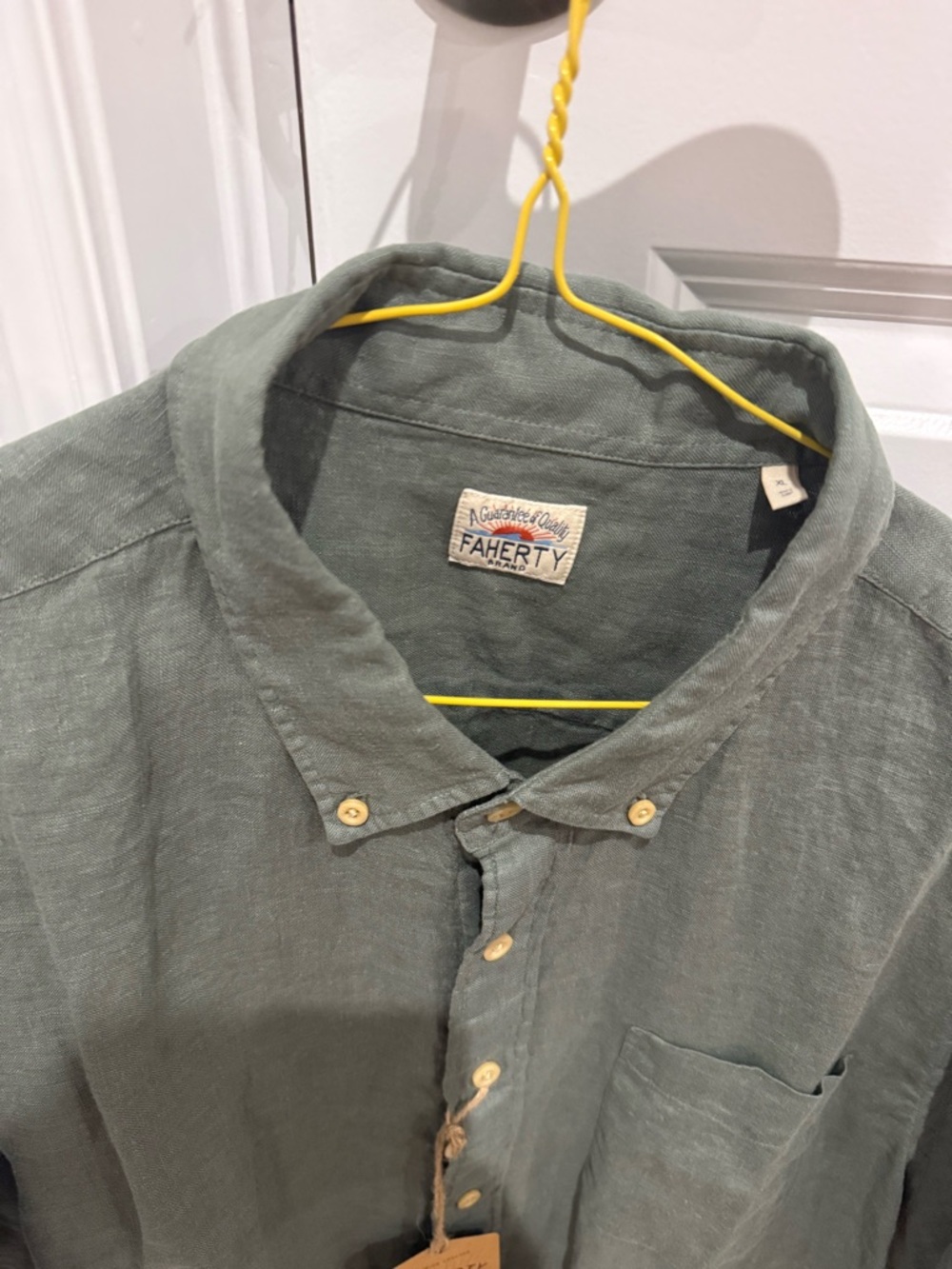 Faherty Men's Short Sleeve Button-Down Linen Shirt - Olive Green